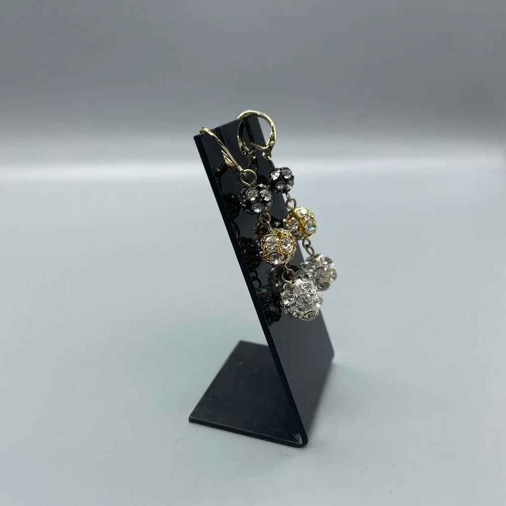Gold Silver Black Rhinestone Disco Ball‎ Triple Drop Leverback Earrings Women